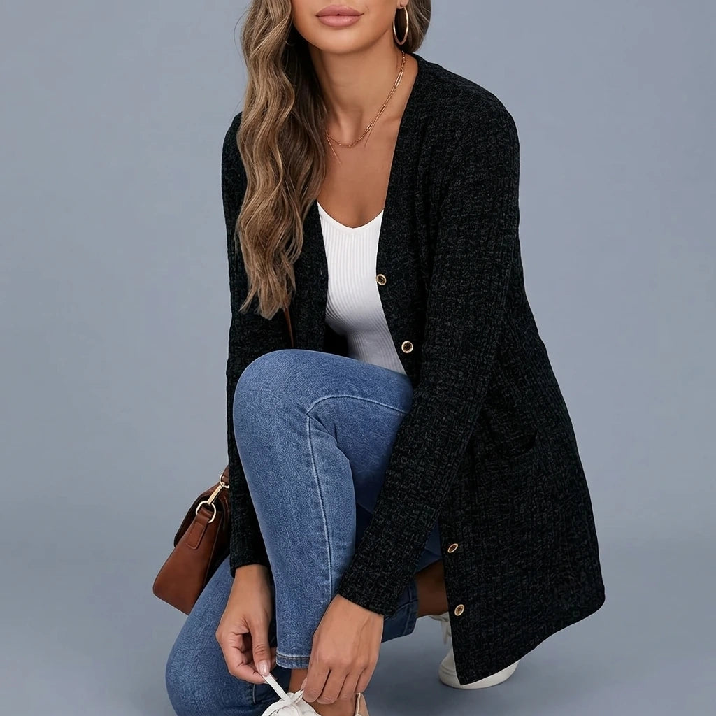 Buttoned V-Neck Coat with Pocket Design — variant_front