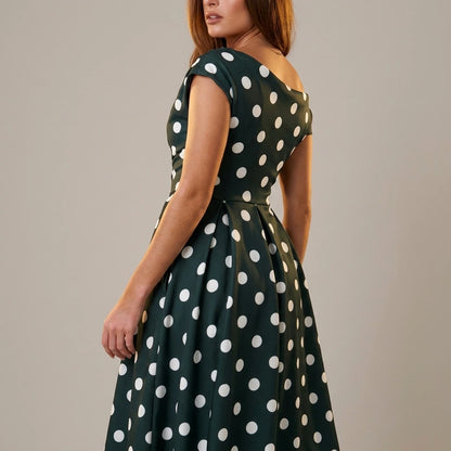Betty Asymmetric Neckline Skater Midi Green Polka — variant_front