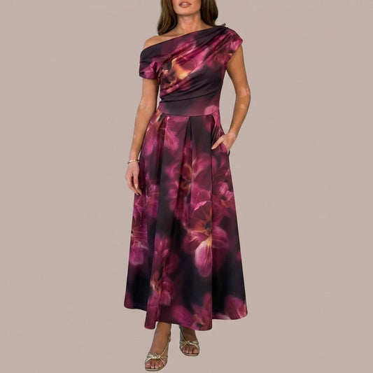 Betty Asymmetric Neckline Floral Skater Midi Dress Plum Floral — variant_front