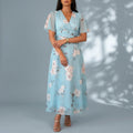 Wrap Neck Pleated Waist Maxi Dress Floral Print