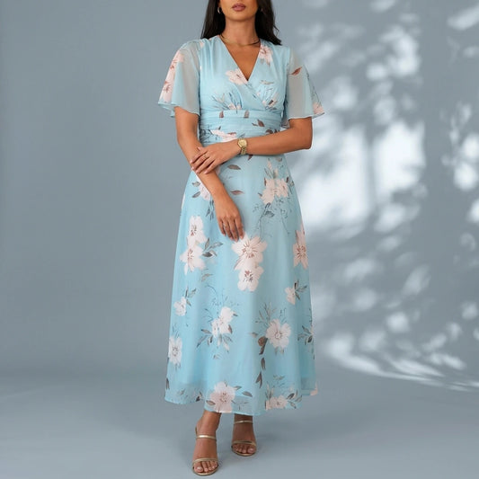 Pari Wrap Neck Pleated Waist Maxi Dress Sky Floral — variant_front