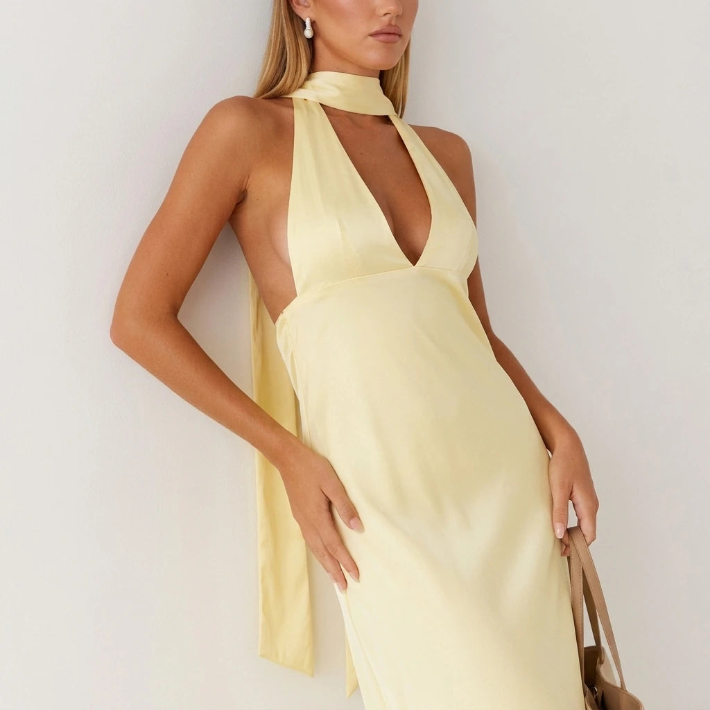 Alicia Satin Halter Maxi Dress - Yellow — variant_front