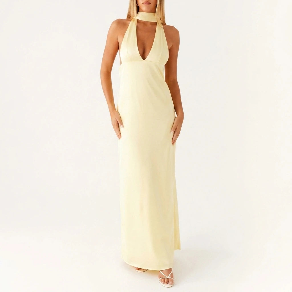Alicia Satin Halter Maxi Dress - Yellow — variant_front