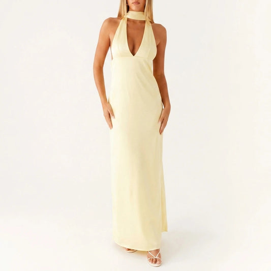 Alicia Satin Halter Maxi Dress - Yellow — variant_front