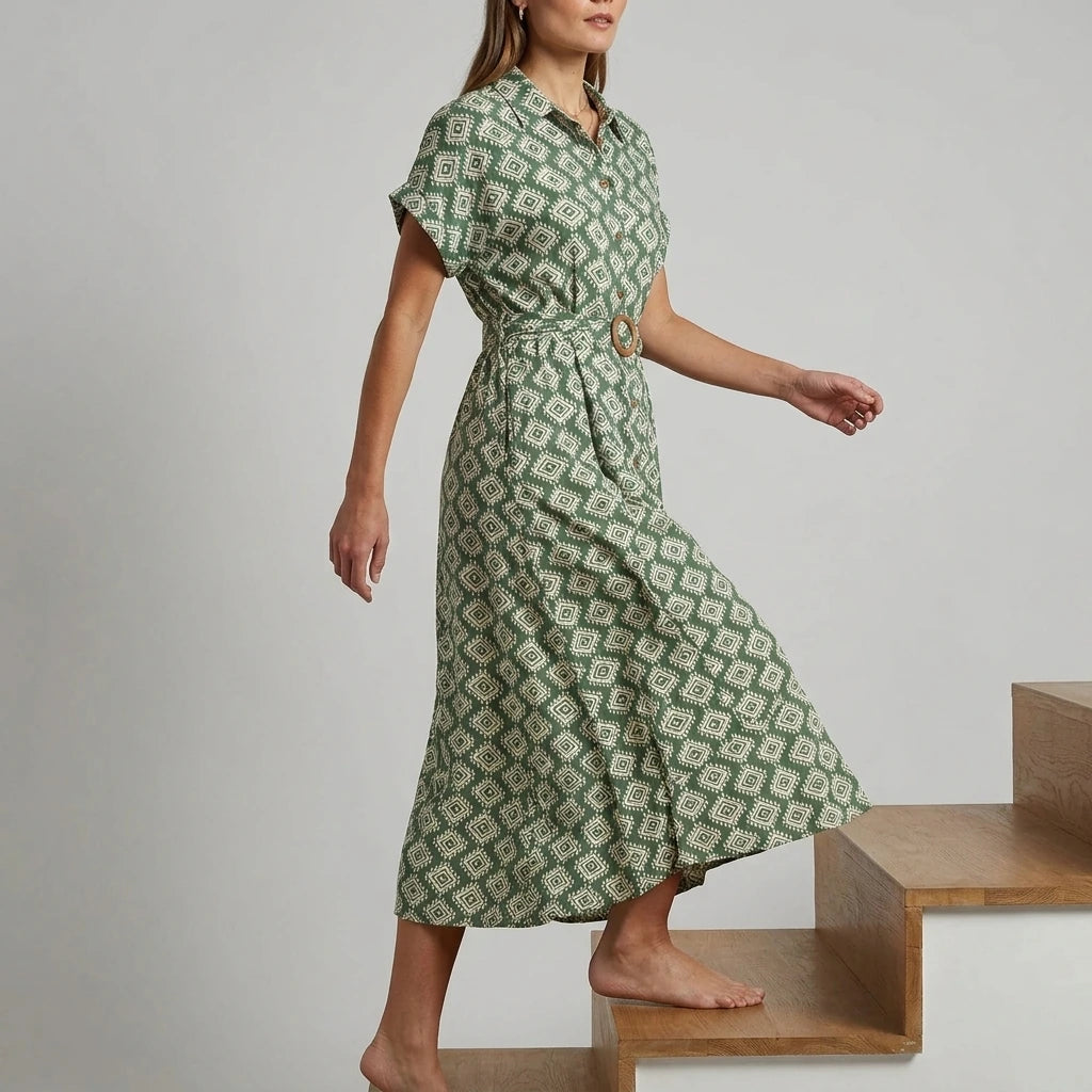 Yumi Green Viscose Midi Shirt Dress With Matching Belt — variant_front