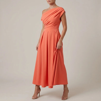 Dollie Asymmetric Neckline Skater Midi Dress Peach Coral — variant_front