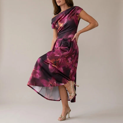 Betty Asymmetric Neckline Floral Skater Midi Dress Plum Floral — variant_front