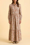Cord Maxi Dress Button-Front Shirt Dress with Gathered Waist