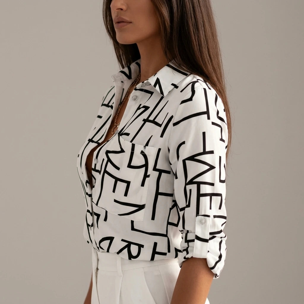 Relaxed Printed Shirt with Classic Collar and Roll Up Sleeves — variant_front
