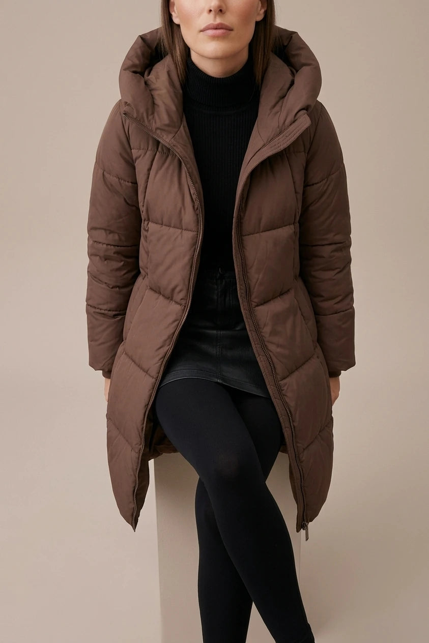 Khaki Hooded Puffer Coat Knee Length — variant_front