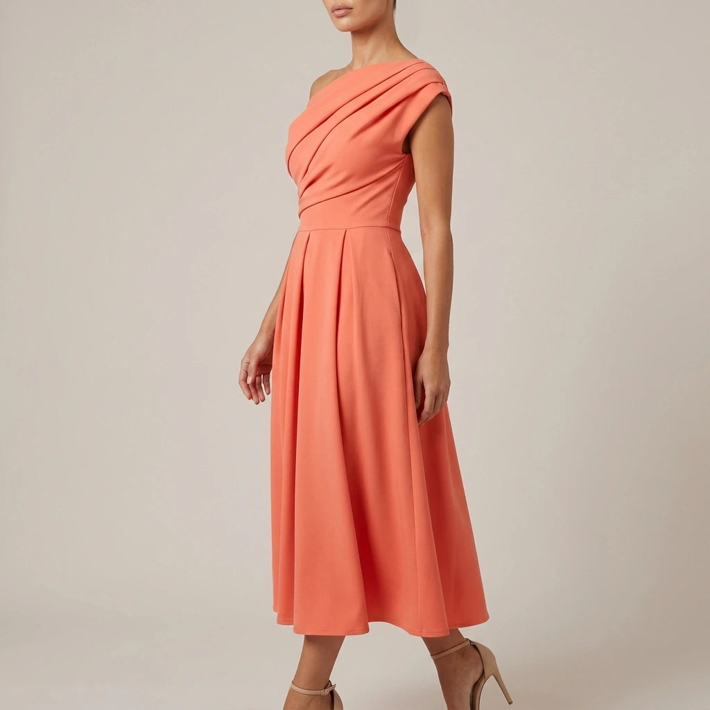 Dollie Asymmetric Neckline Skater Midi Dress Peach Coral — variant_front
