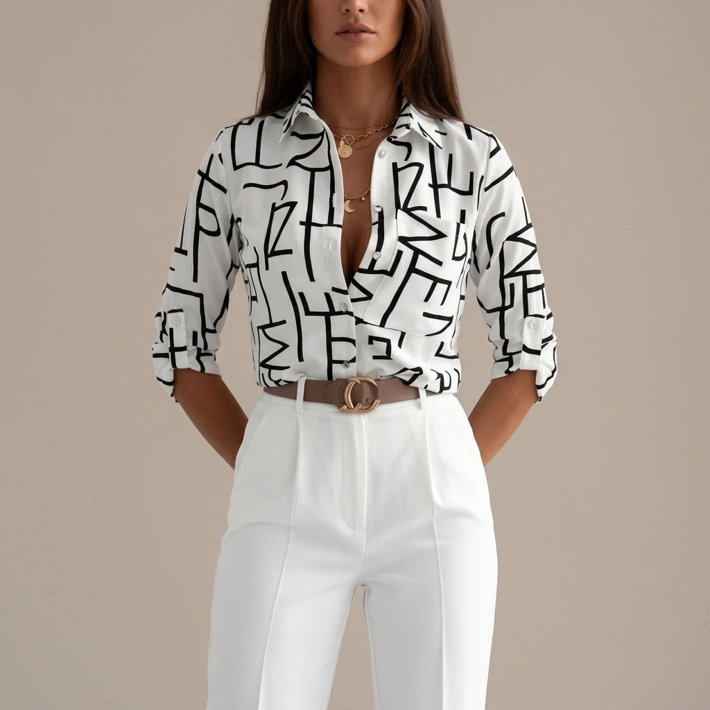 Relaxed Printed Shirt with Classic Collar and Roll Up Sleeves — variant_front