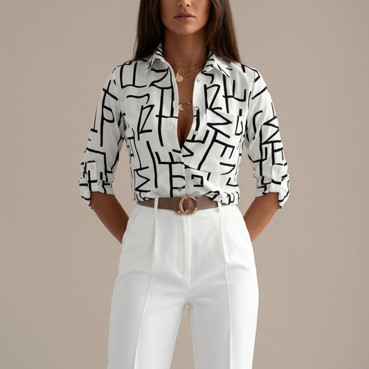Relaxed Printed Shirt with Classic Collar and Roll Up Sleeves — variant_front