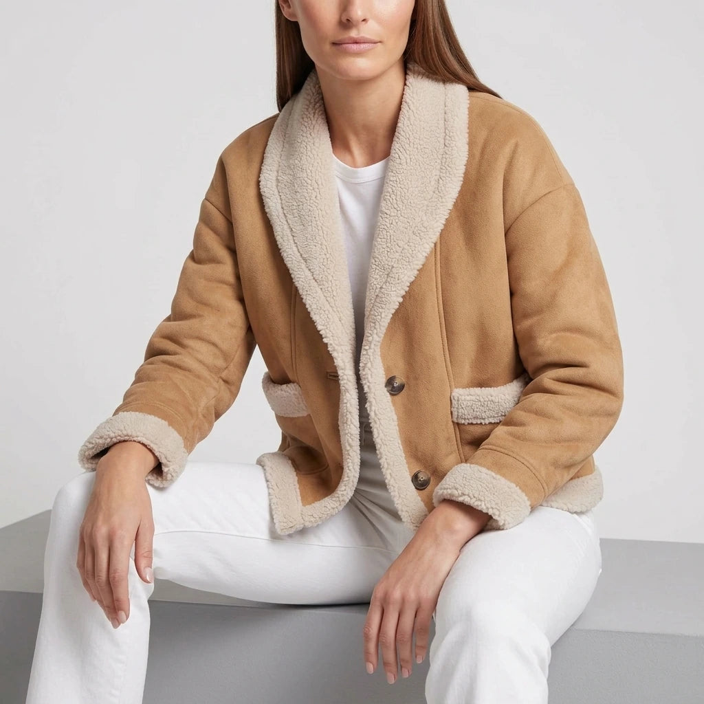 Beige Suede Look Teddy Jacket Sherpa Trim Winter — variant_front