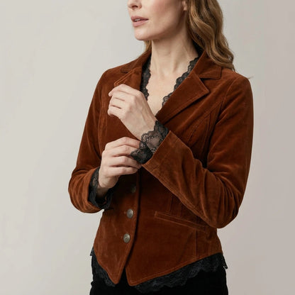 Women's Velvet Blazer with Lace Trimmed Cuffs - Wrenelle — variant_front