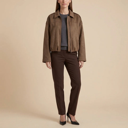 Brown Suede Look Bomber Jacket Zip Front Casual — variant_front