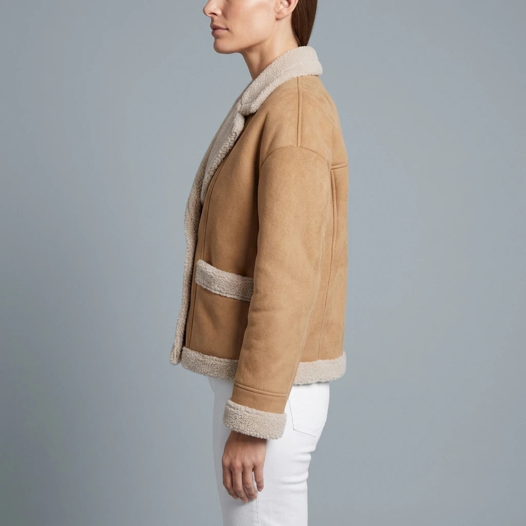 Beige Suede Look Teddy Jacket Sherpa Trim Winter — variant_front