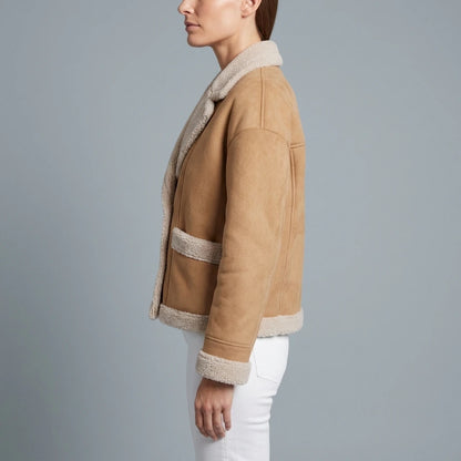 Beige Suede Look Teddy Jacket Sherpa Trim Winter — variant_front