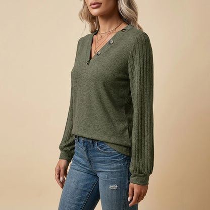 Autumn And Winter Items - Casual And Stylish Ribbed Brushed V-Neck Button Long-Sleeve Top, Perfect for Outings, Commuting, And Comfortable Everyday Wear — variant_front