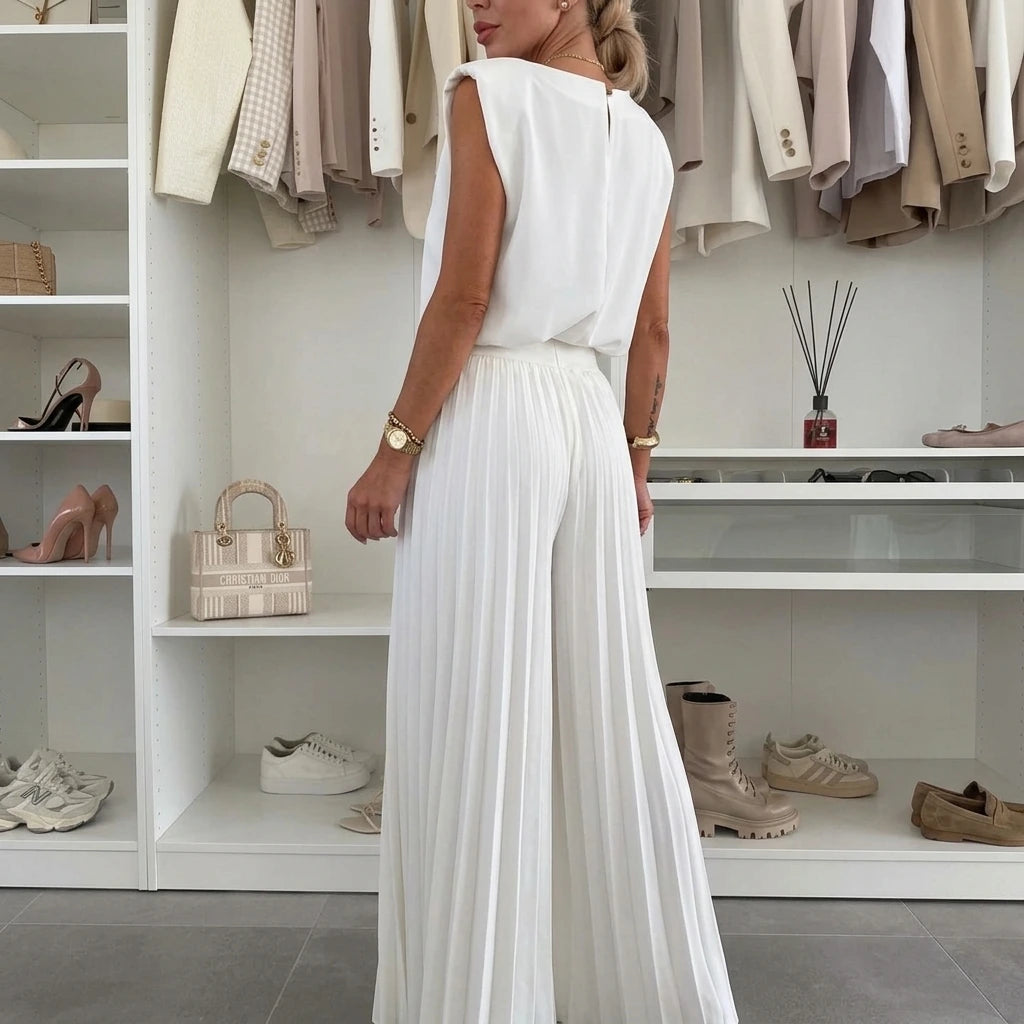 Women's Breathable Cotton Outfit Set Elegant Sleeveless Top Wide Leg Pants Relaxed Fit — variant_front