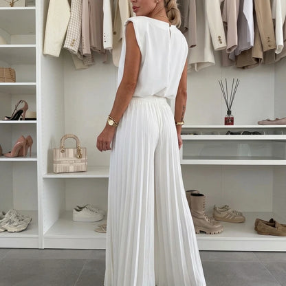 Women's Breathable Cotton Outfit Set Elegant Sleeveless Top Wide Leg Pants Relaxed Fit — variant_front