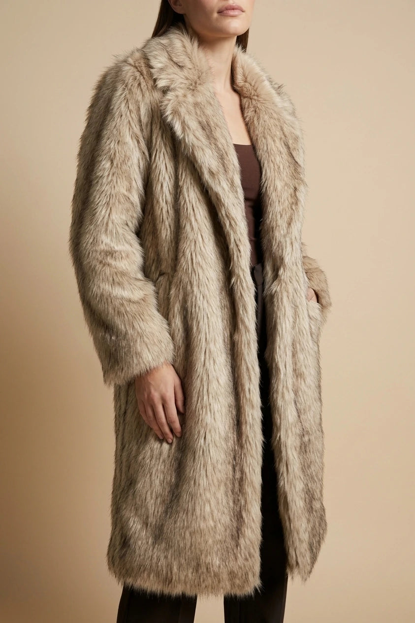 Beige Faux Fur Coat Longline — variant_front