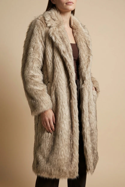 Beige Faux Fur Coat Longline — variant_front