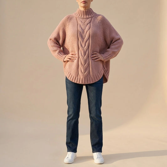 Women'S Vintage-Inspired High-Neck Sweater - Cozy Loose Fit Pullover with Ribbed Texture, Solid Color, Flared Hem, Perfect for Fall/Winter, Casual Everyday Wear — variant_front