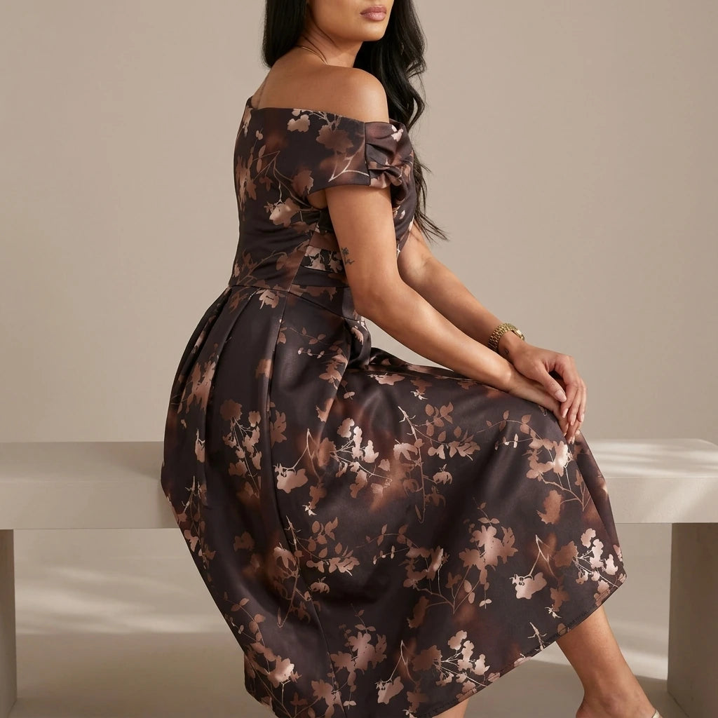 Betty Asymmetric Neckline Floral Skater Midi Dress Brown Floral — variant_front