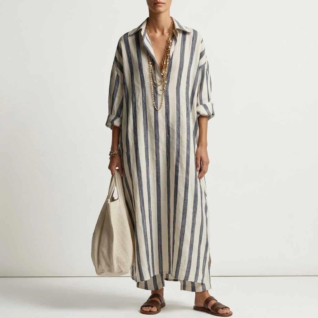 Relaxed Striped Linen Maxi Dress with Collar and Long Sleeves — variant_front