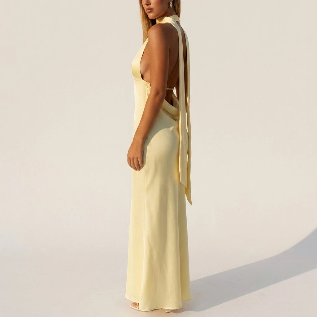 Alicia Satin Halter Maxi Dress - Yellow — variant_front