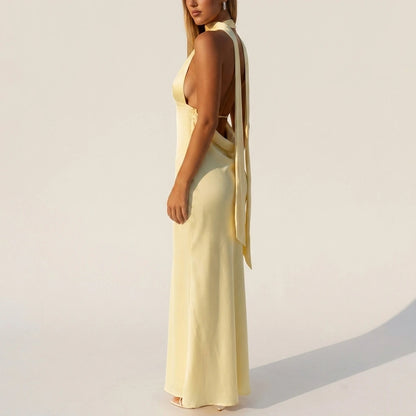 Alicia Satin Halter Maxi Dress - Yellow — variant_front