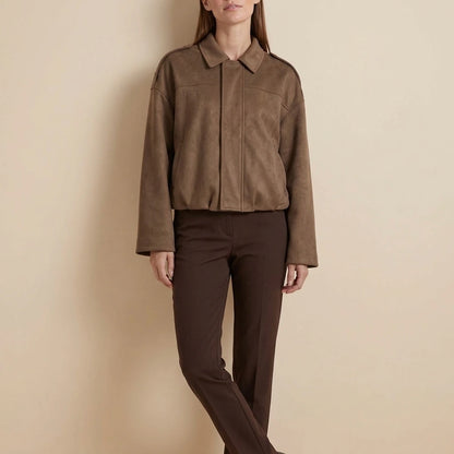 Brown Suede Look Bomber Jacket Zip Front Casual — variant_front