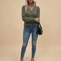 Casual Ribbed Brushed V-Neck Button Long-Sleeve Top for Women