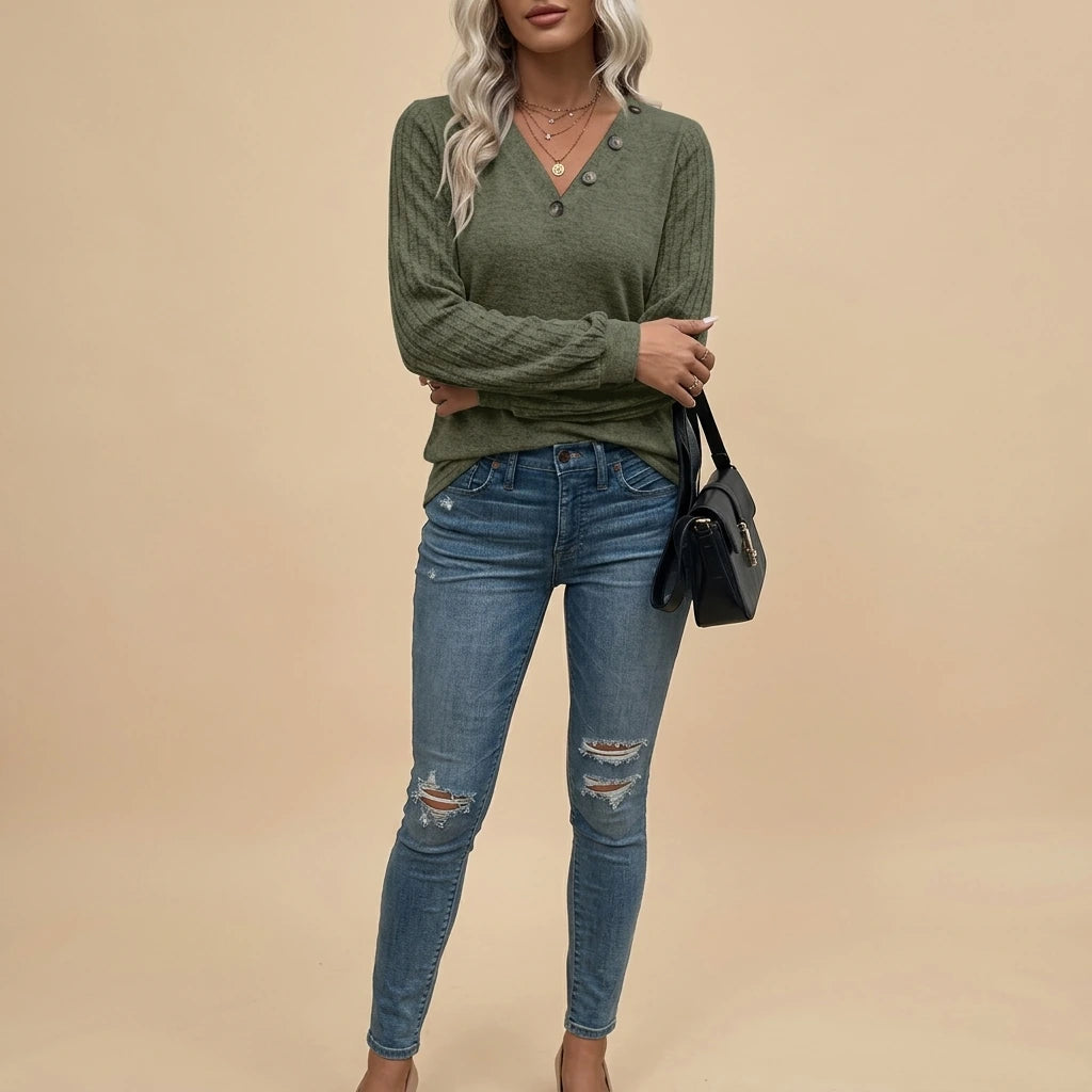 Autumn And Winter Items - Casual And Stylish Ribbed Brushed V-Neck Button Long-Sleeve Top, Perfect for Outings, Commuting, And Comfortable Everyday Wear — variant_front