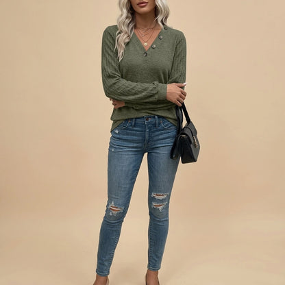 Autumn And Winter Items - Casual And Stylish Ribbed Brushed V-Neck Button Long-Sleeve Top, Perfect for Outings, Commuting, And Comfortable Everyday Wear — variant_front