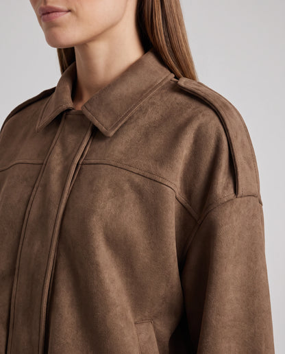 Brown Suede Look Bomber Jacket Zip Front Casual — gallery_05.webp