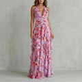Belladina Romantic Rose Cascade Halter Maxi Dress With Ruffled Tiered Skirt