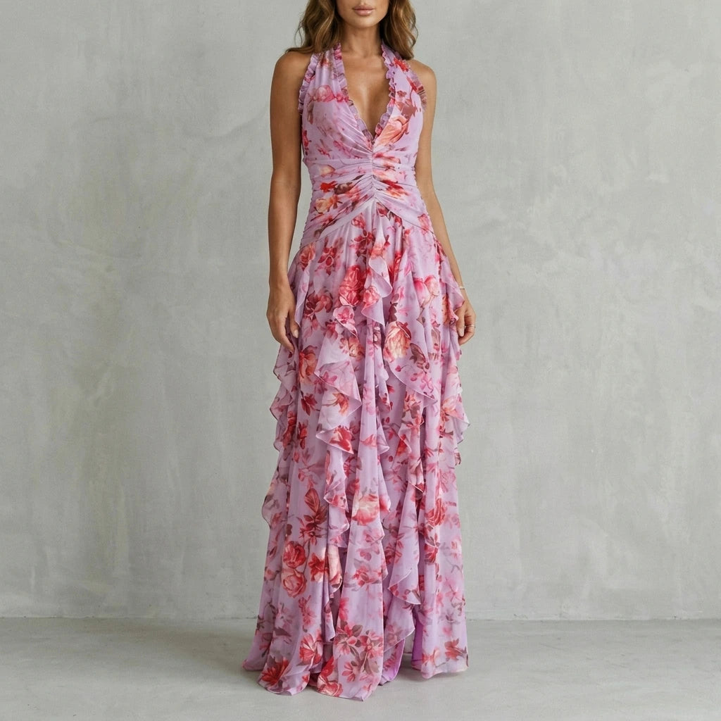 Belladina – Romantic rose cascade – Halter maxi dress — variant_front