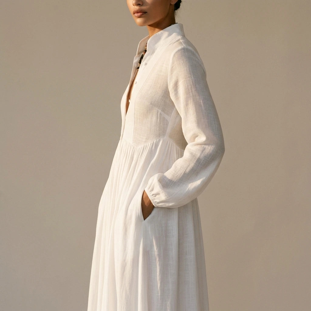 Linen Blend Maxi Shirt Dress with Stand Collar and Pockets for Women — variant_front