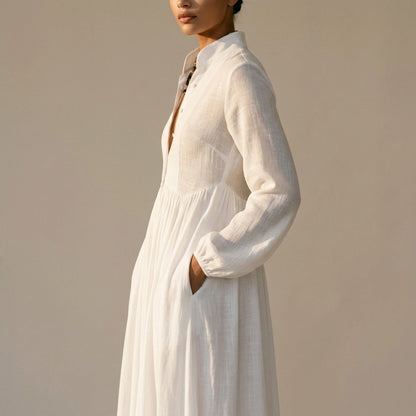 Linen Blend Maxi Shirt Dress with Stand Collar and Pockets for Women — variant_front