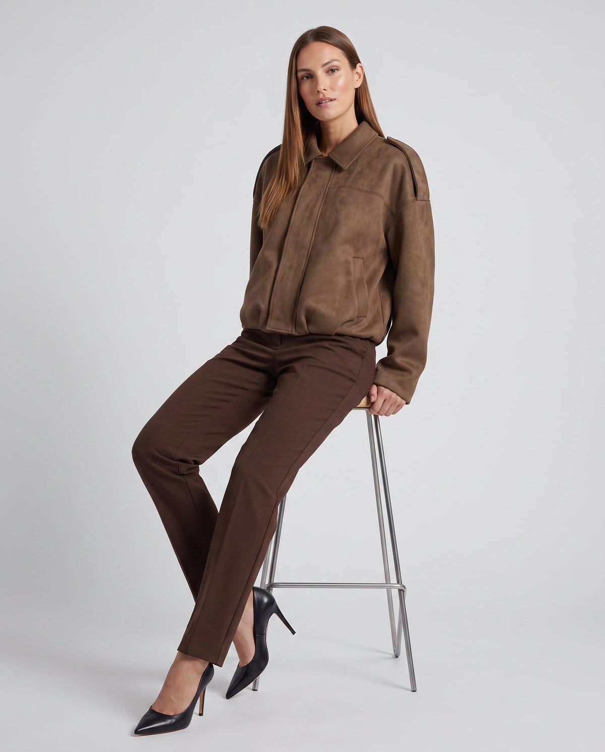 Brown Suede Look Bomber Jacket Zip Front Casual — gallery_04.webp