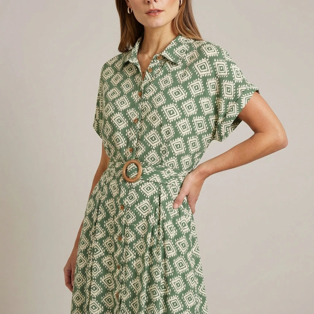 Yumi Green Viscose Midi Shirt Dress With Matching Belt — variant_front