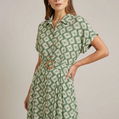 Yumi Green Viscose Midi Shirt Dress With Matching Belt — variant_front