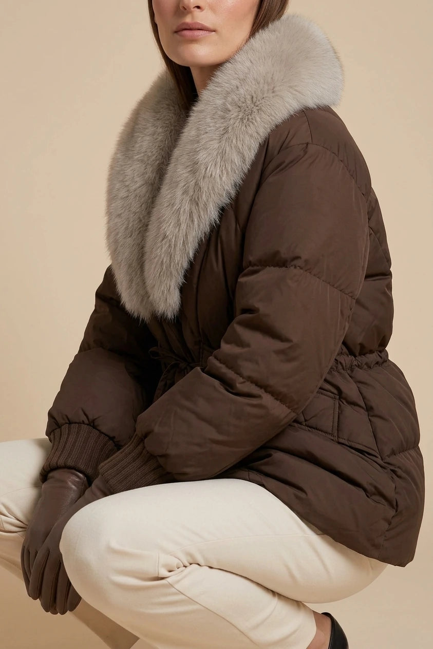 Brown Puffer Jacket Faux Fur Collar — variant_front