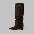 Slouchy Suede Knee High Boots, Pointed Toe, Low Heel Style