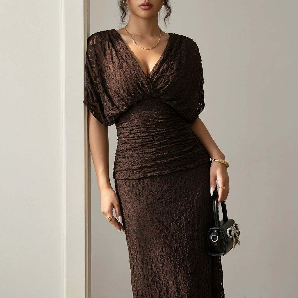 Angel Sleeve Wrap Midi Dress Lace Overlay V-Neck Ruched Waist — variant_front