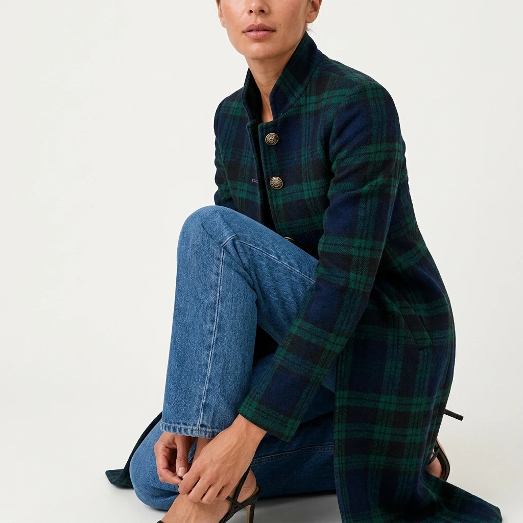 Women’s Tailored Plaid Jacket – Structured Mid-Length Check Coat — variant_front
