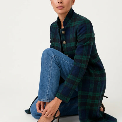 Women’s Tailored Plaid Jacket – Structured Mid-Length Check Coat — variant_front