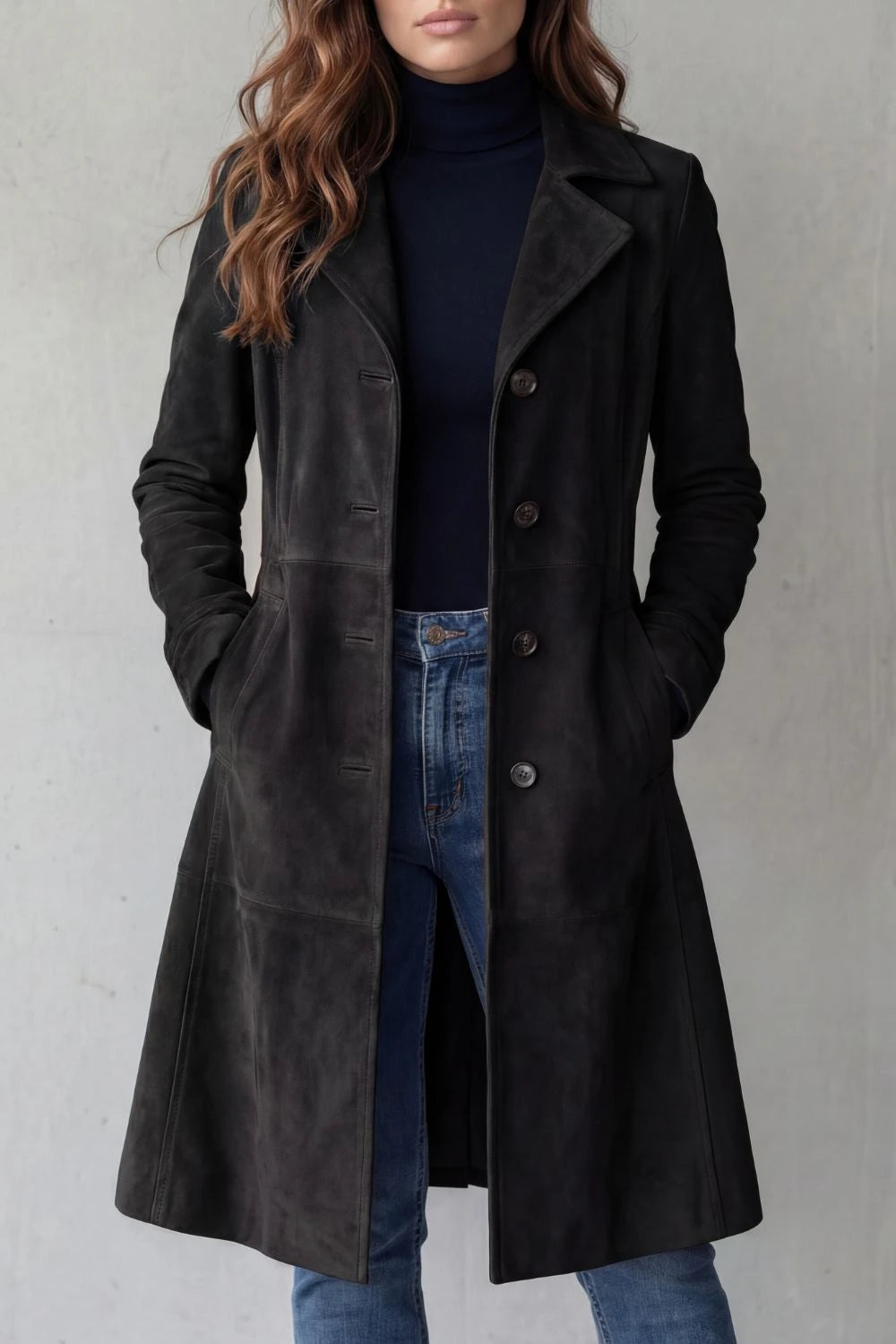 Delvienne – Vintage suede finish – Longline coat — gallery